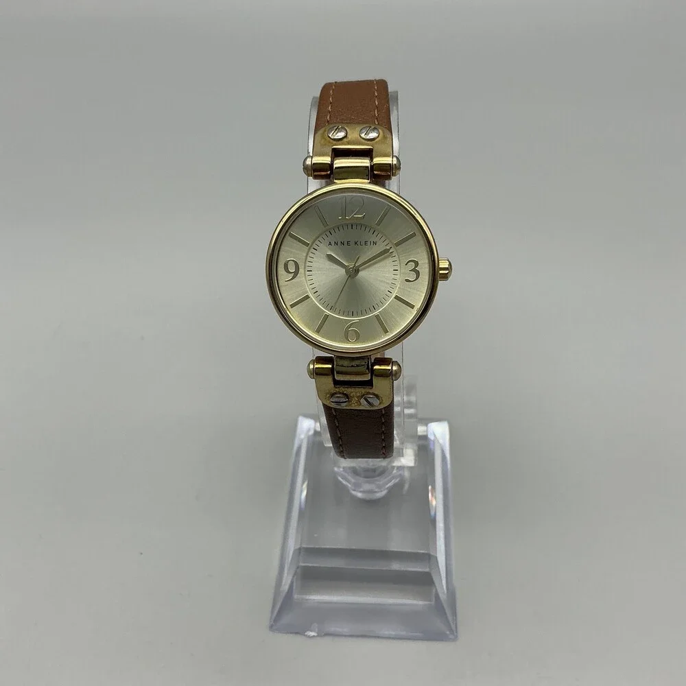 Anne Klein Womens Watch 26mm Gold Tone Brown Leather Band New Battery